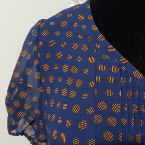 Mine Blue and Orange Semi Sheer Front Tie Blouse Large - Picture 5 of 11